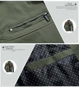 Détail de la veste vert militaire avec fermeture éclair de poitrine et doublure à pois