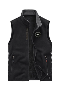 Men's outdoor fleece vest in black with stand collar and gray lining flat lay view