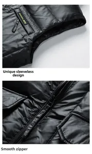 Detail of men's black quilted vest featuring smooth zipper and WERE branded neck tape