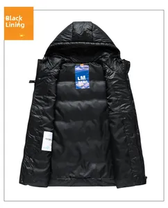 Detailed view of the black quilted inner lining and brand label on a men's hooded vest