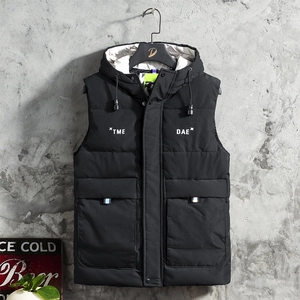Men's black hooded padded vest with white letter prints and functional large pockets