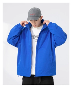 Detail of Klein blue windbreaker jacket featuring a stand collar and adjustable hem cord