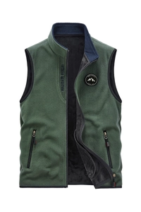 Outdoor dark green polar fleece vest with standing collar and zipper pockets for men