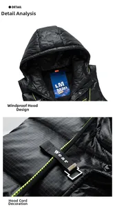 Detail view of black vest featuring contrast neon green zipper and branded woven tape decoration