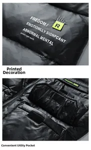 Detail of black down vest featuring white typography print and green velcro cargo pocket