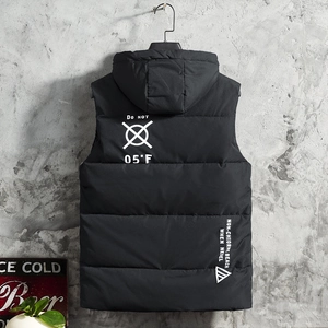 Men's black hooded padded vest with white geometric prints and horizontal quilting