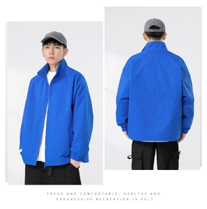 Front and back view of Klein blue men's loose stand-collar jacket with elastic cuffs
