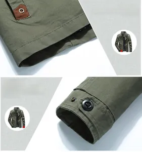 Détails d'une veste militaire en coton vert avec boutons-pression aux poignets