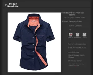 Detail view of a men's navy short sleeve cotton shirt showing the size guide and fabric info
