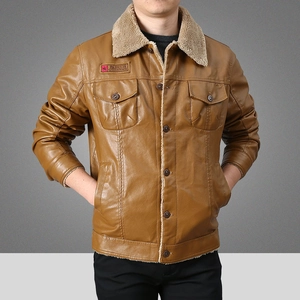 Men's brown PU leather jacket with warm fleece collar and chest pockets in a slim fit