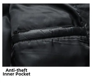 Detailed close-up of the black down vest showing the inner secure anti-theft pocket design