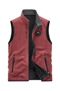 Deep red outdoor fleece vest with stand collar and zipper pockets for men's winter wear