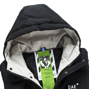 Men's black hooded padded vest with oversized inner label and fashion streetwear logo