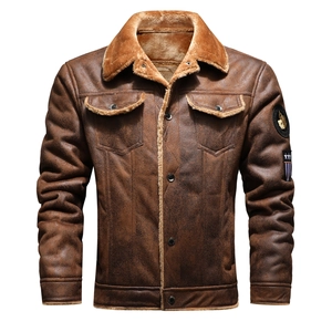 Men's brown faux leather jacket with warm fleece lining and military star arm patches