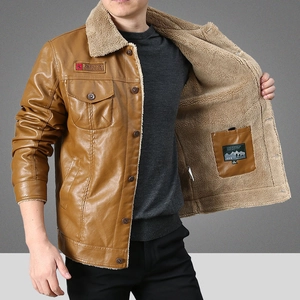 Men's brown PU leather jacket with warm faux lamb wool lining and classic lapel collar