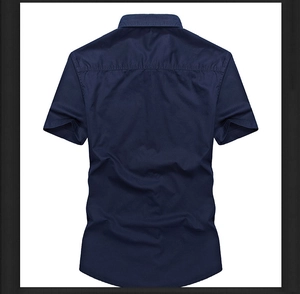 Detail view of the back of a dark blue short sleeve cotton casual shirt with double stitching