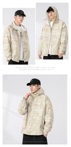 Detail of men's beige bandana print hooded windbreaker with zip closure and elastic cuffs