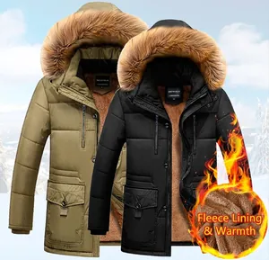 Men Winter Parka Jacket With Large Faux Fur Hood Fleece Lined Padded Coat Thick Warm Windproof Outerwear For Daily Wear