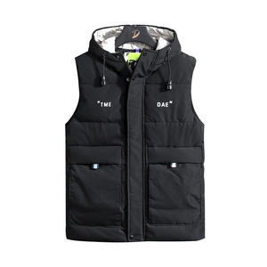Men's black hooded padded vest with TME DAE graphic print and utility pockets