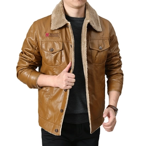 Men's brown faux leather jacket with cream fleece lining and buttoned chest pockets
