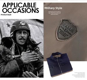 Detail of navy military jacket with classic leather badge and retro pilot portrait