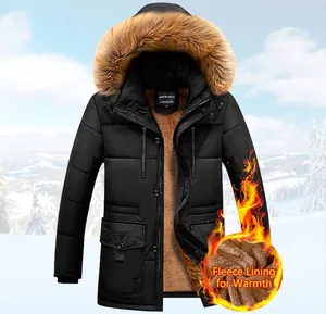 Men's winter hooded parka with thick fleece lining and faux fur collar in black