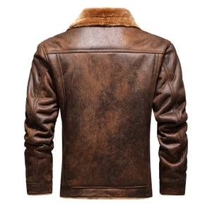 Men's vintage dark brown faux fur leather jacket with warm collar back view