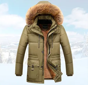 Men's khaki winter parka with thick faux fur collar and warm fleece lining jacket