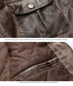 Dettaglio giacca biker marrone con tasche a patta e cuciture fodera trapuntata