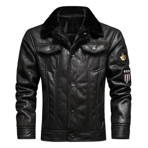 Men's black faux leather shearling jacket with plush collar and aviator patches