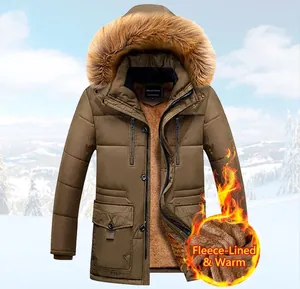 Men's brown winter parka with warm faux fur collar and fleece lining in a long style