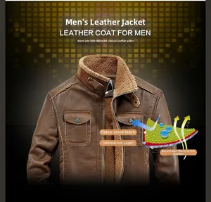 Detail of men's brown leather jacket showing fleece lining and waterproof material layers