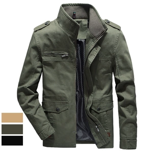 Veste militaire en coton pour hommes, vert armée avec col montant et poches cargo