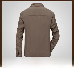Detail view of the back of a men's brown casual jacket with stitching and button cuffs