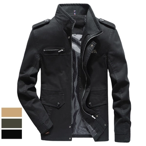 Veste militaire en coton pour homme en noir avec col montant et poches fonctionnelles