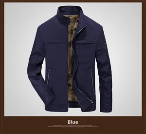 Detailed close-up of dark blue military-style jacket with branded sleeve patch and zip pockets