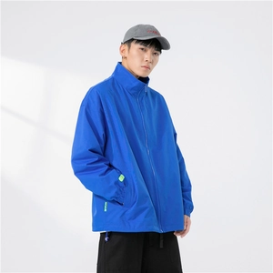 Men's royal blue stand collar casual sports jacket in windproof loose fit silhouette