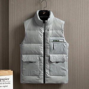 Men's blue quilted down vest with stand collar and zipper pockets in casual slim fit