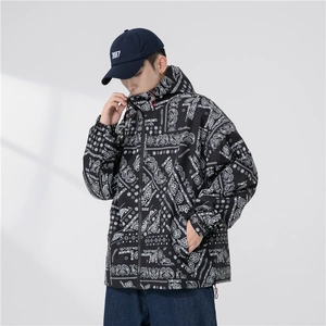 Men's Paisley Print Hooded Jacket Streetwear Bandana Pattern Windbreaker Zip Up Coat Casual Harajuku Outerwear