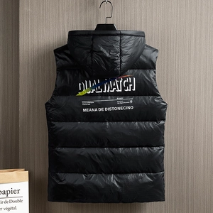 Men's black hooded down vest with back letter print and textured grid fabric