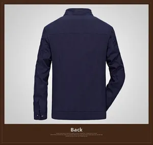Rear view of men's navy blue casual jacket featuring a stand collar and button cuffs