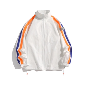 Men Sporty Stand Collar Windproof Jacket Lightweight Polyester Coat With Color Block Stripes Casual Outdoor Fashion Top