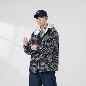 Men's hooded windbreaker jacket with black and white bandana print and zip closure