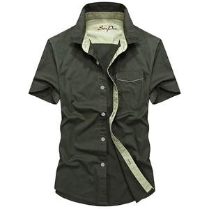 Men's dark green short sleeve casual cotton shirt with olive contrast trim details