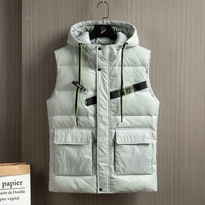 Men's mint green hooded down vest with utilitarian cargo pockets and modern wear webbing