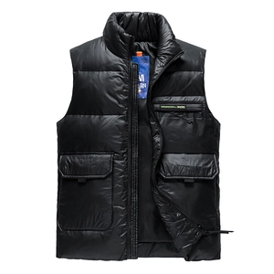Men's thermal down vest with stand collar and quilted black windproof fabric