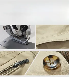 Detail of khaki cotton jacket showing premium stitching, metal zipper and resin buttons