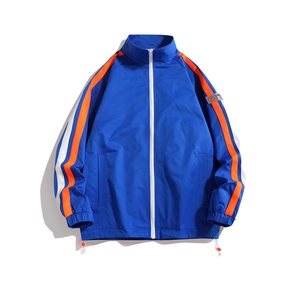 Men's blue windbreaker jacket with orange sleeve stripes and adjustable drawstring hem