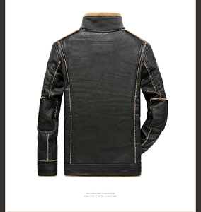 Rear view of men's black leather jacket with grey ribbed collar and warm fleece lining