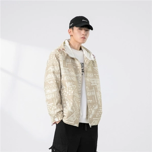 Men's khaki paisley print hooded jacket with casual loose fit and zipper closure